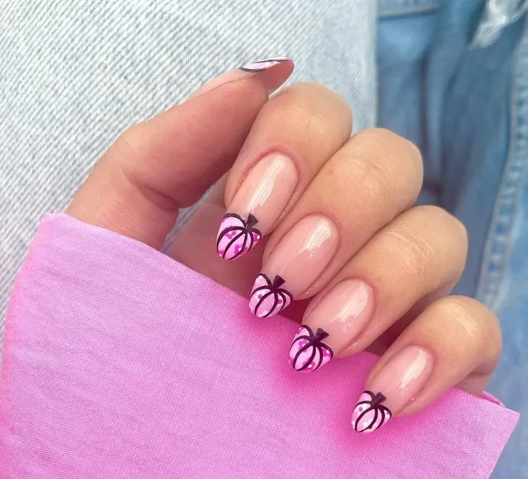 pink pumpkin french tip nails almond shaped