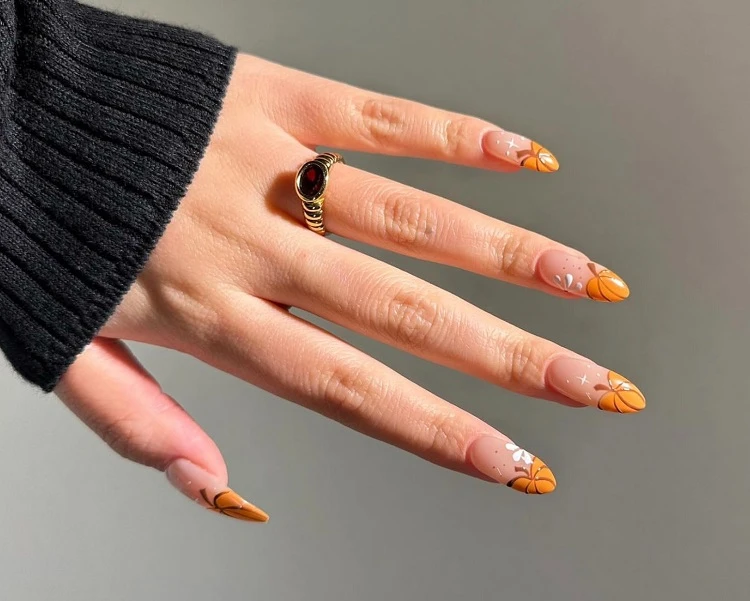 pumpkin french tip nails 2023 orange cute almond shaped