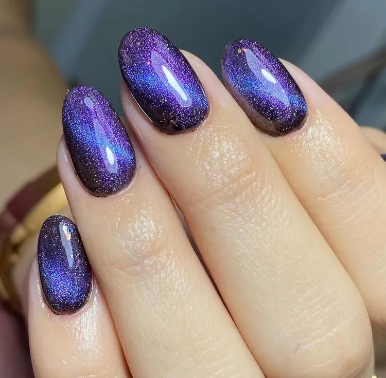 purple cat eye nails oval shaped