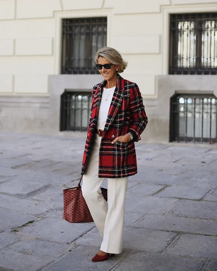 red tartan blazer all white wide leg jeans plain tee fall fashion women over 60
