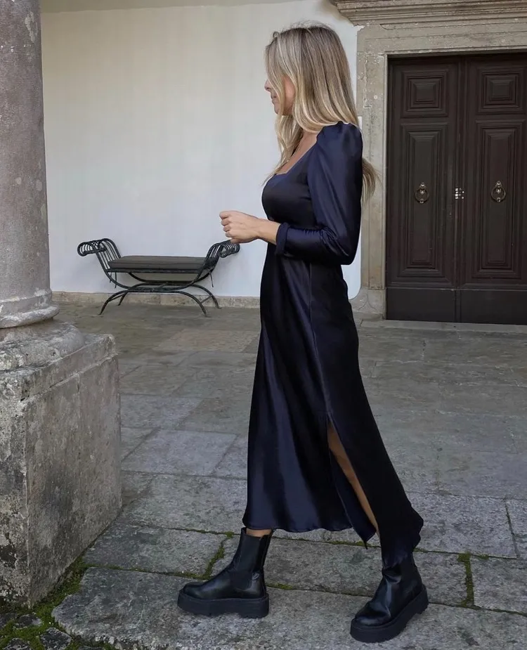 satin maxi dress with long sleeves and chunky boots
