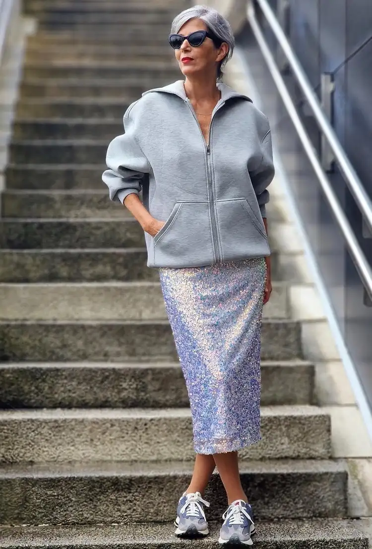 sequin pencil skirt with a sweatshirt for women over 50 outfits fall 2023