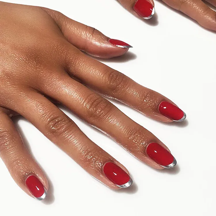 short oval cherry red nails silver chrome french tips elegant fall manicure idea