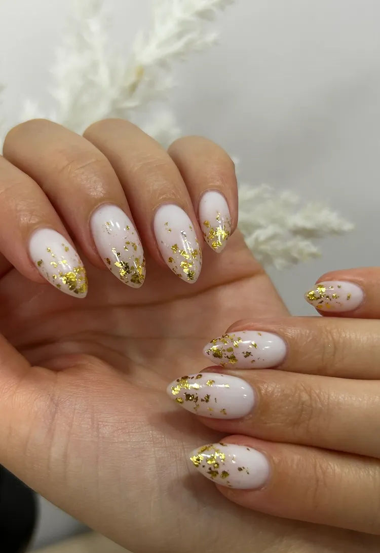 short stiletto milky white gold leaf nails october fall manicure design trends