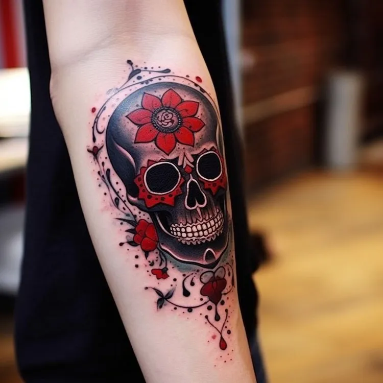small sugar skull tattoo with flowers