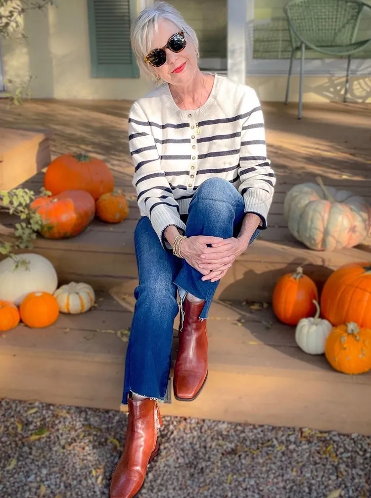 stripped sweater and leather boots for women over 60