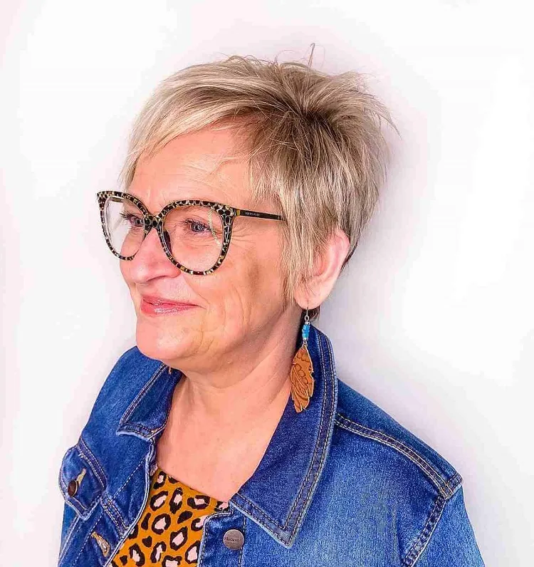 stylish blonde piece y pixie cut for 70 year old woman with glasses