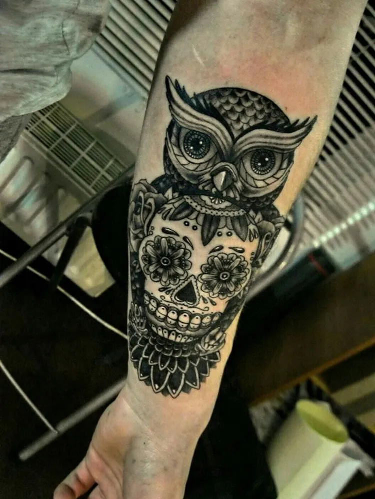 sugar skull with owl black and white tattoo design