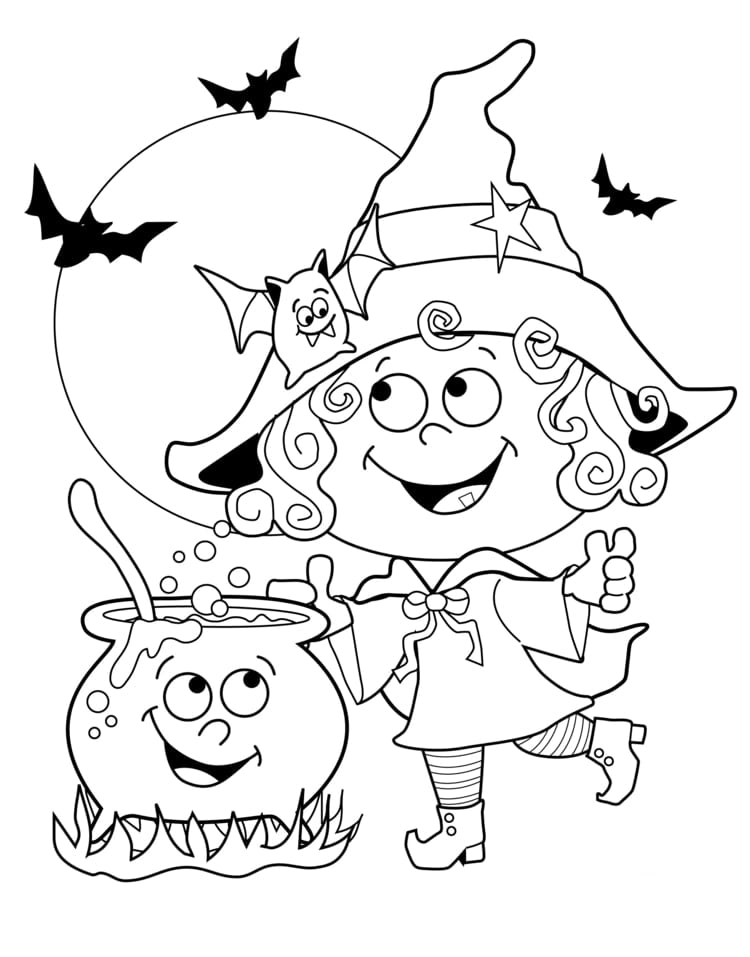 sweet witch with cauldron and bats