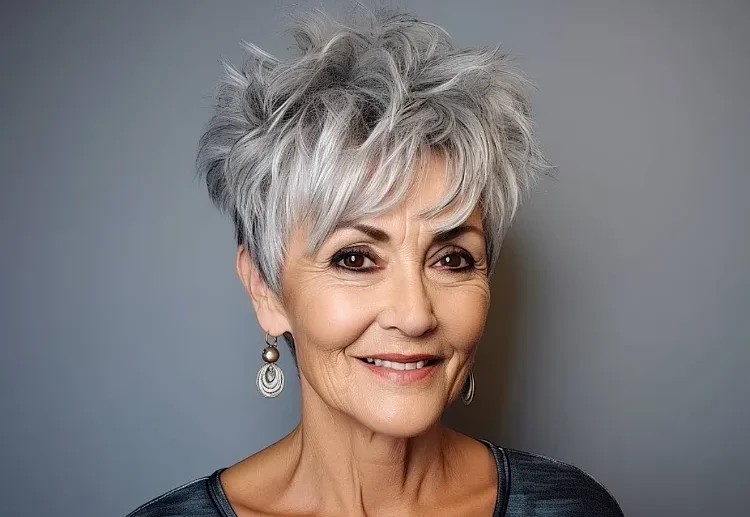 trendy pixie haircut for older women with gray hair