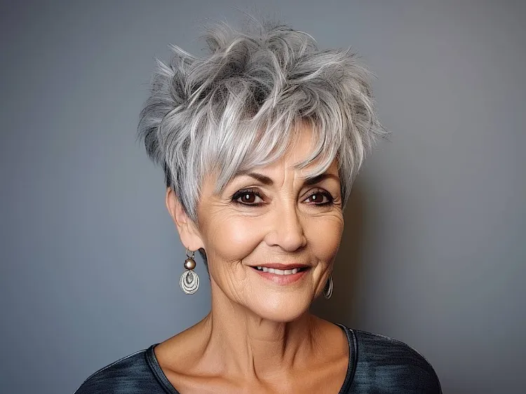 trendy pixie haircut for older women with gray hair