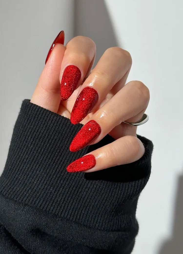 velvet cherry red long almond nails design fall 2023