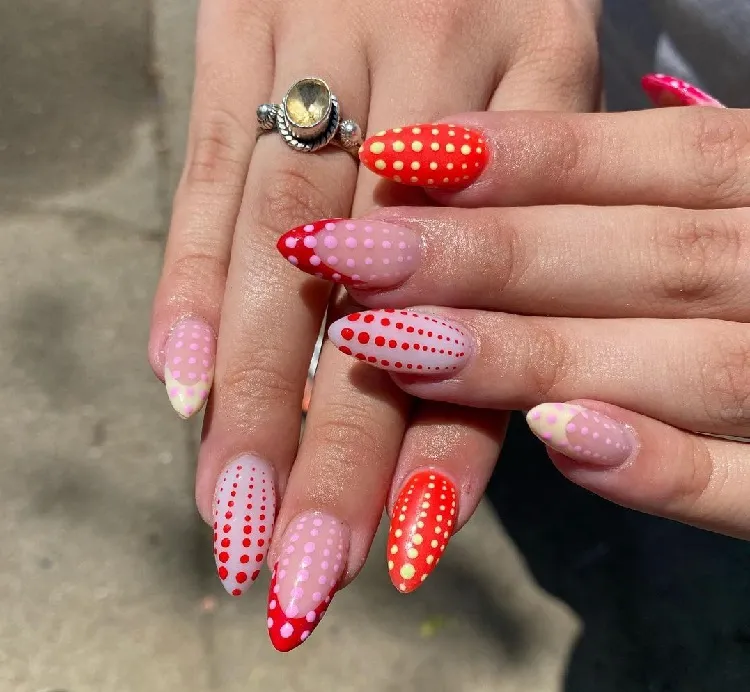 white red and orange dot manicure