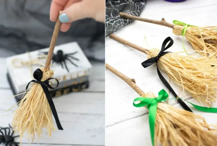 witch broom craft as decoration from raffia and sticks