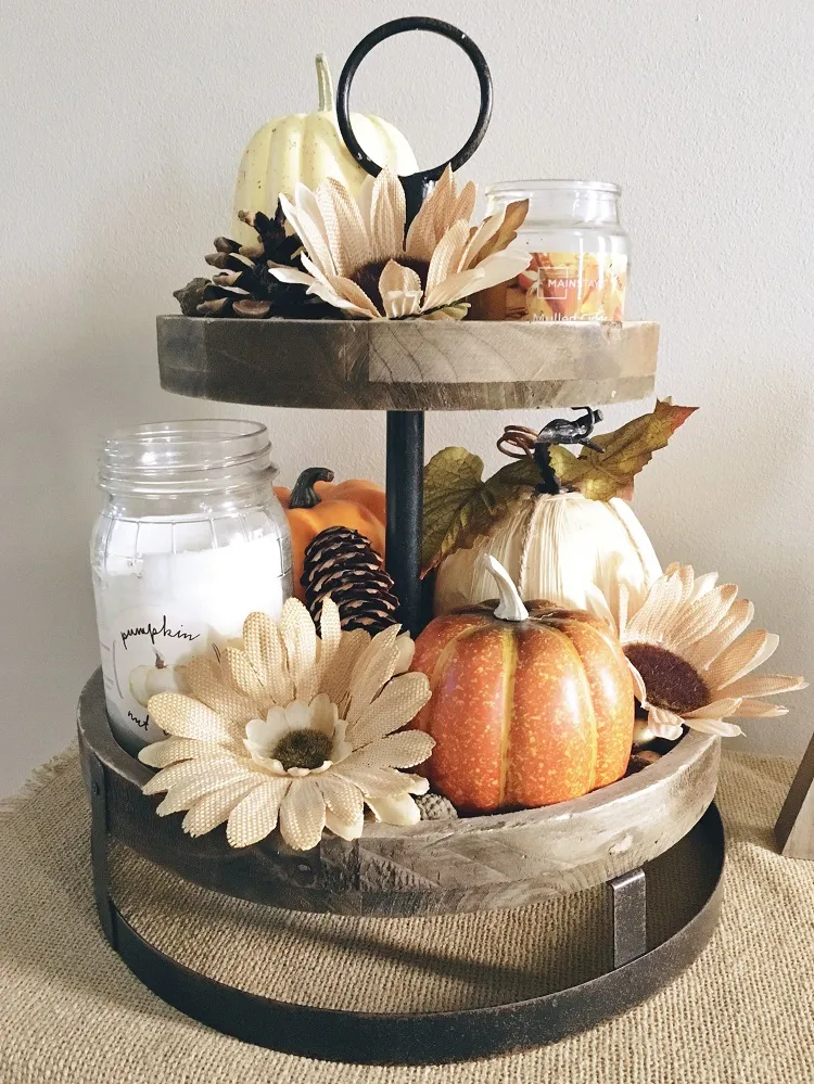 wood tier tray pumpkins faux flowers candles pine cones simple farmhouse decor fall 2023