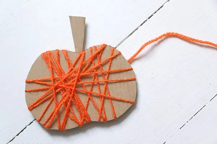 wrapped wool cardboard pumpkin cutout diy fall kids art project idea