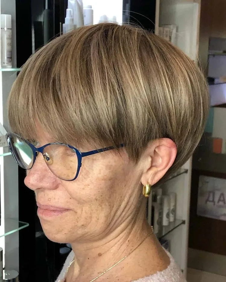 youthful pixie bob for 70 year olds with glasses