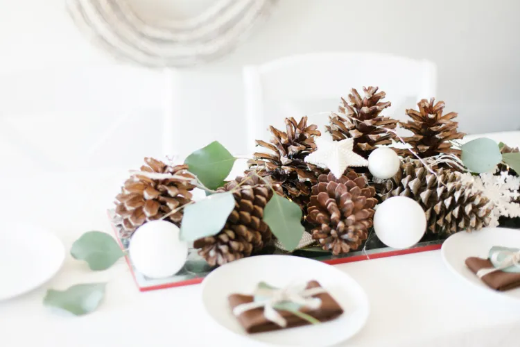 christmas centerpiece with pine cones
