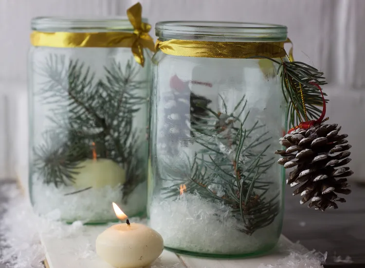 christmas decoration tutorial with jars fake snow pine cones fir branches