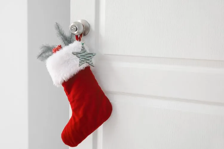 christmas door decoration with a stocking