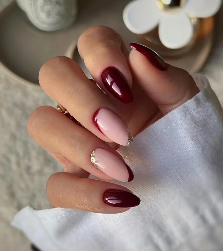 french manicure winter 2023 burgundy red nail art