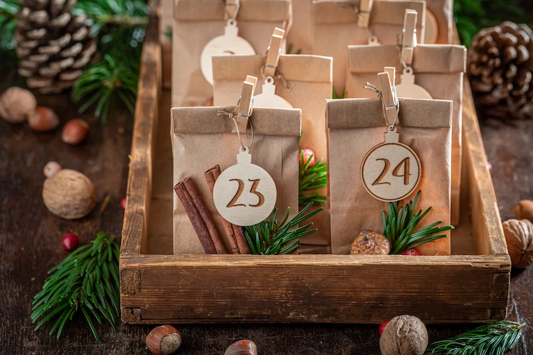 advent calendar in a rustic wooden box with different teas
