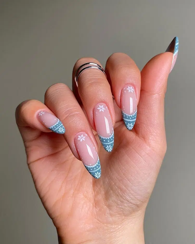 blue christmas pattern french tip nails design idea winter 2023 2024