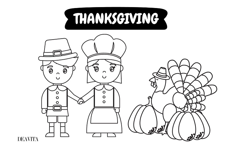 boy and girl holding hands turkey pumpkins thanksgiving 2023 coloring page