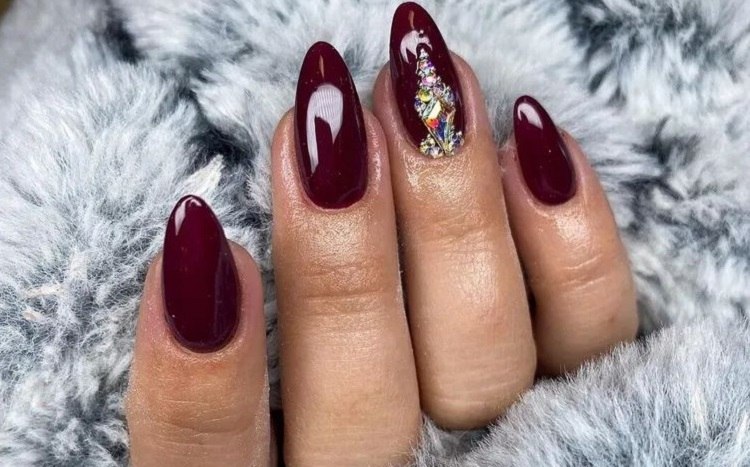 Red nails design with gem stones : rhinestones idea , step by step - YouTube