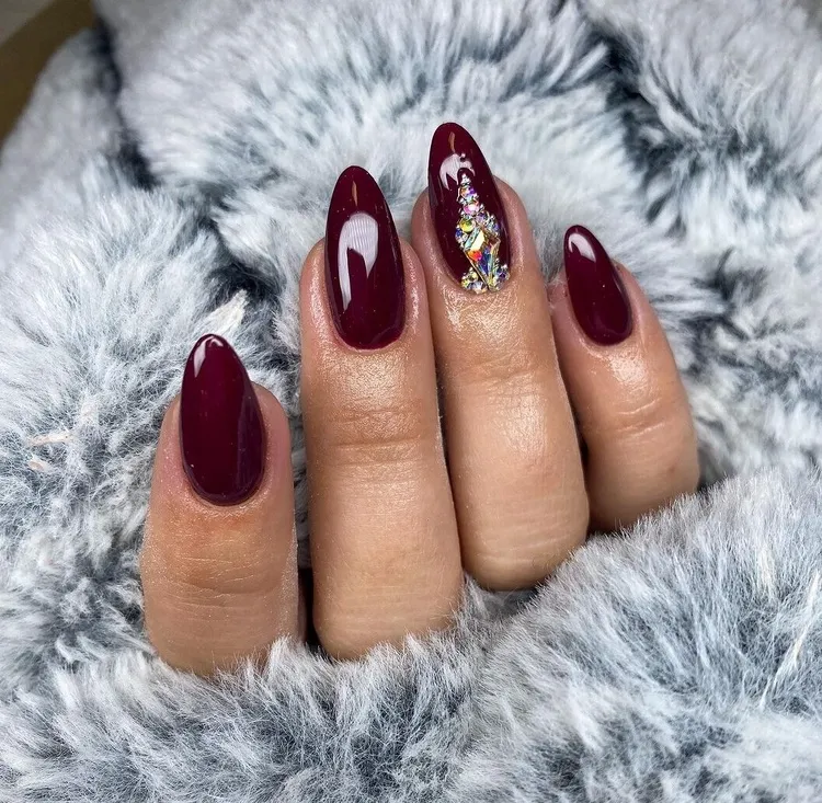 burgundy red nails almond rhinestones nail art christmas