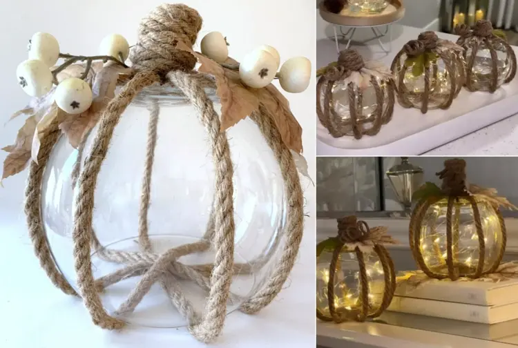 candle jar decorating and transforming it into a pumpkin with rope