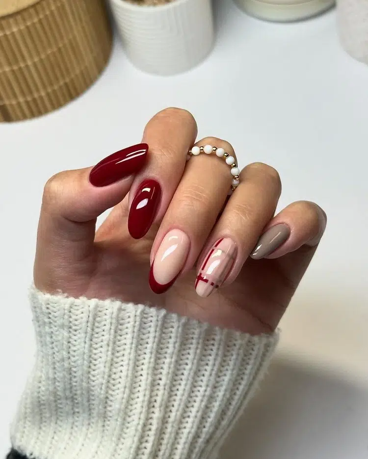 cherrt red nails french tip nails winter 2023