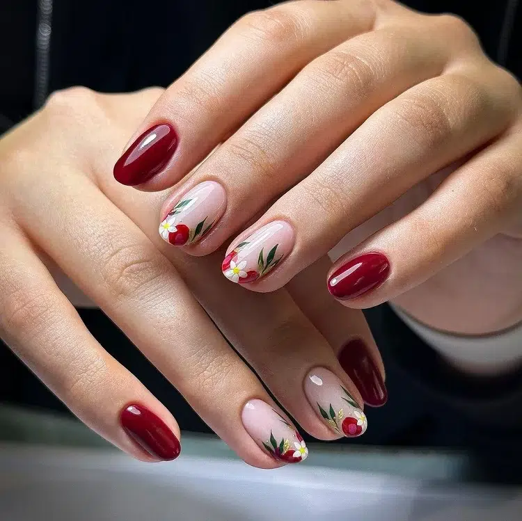 cherry red nails floral french tips