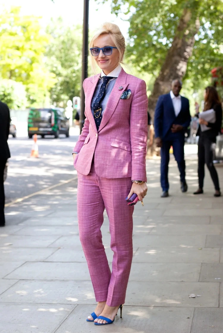 chic work outfit for 50 year old woman pink suit trendy barbiecore
