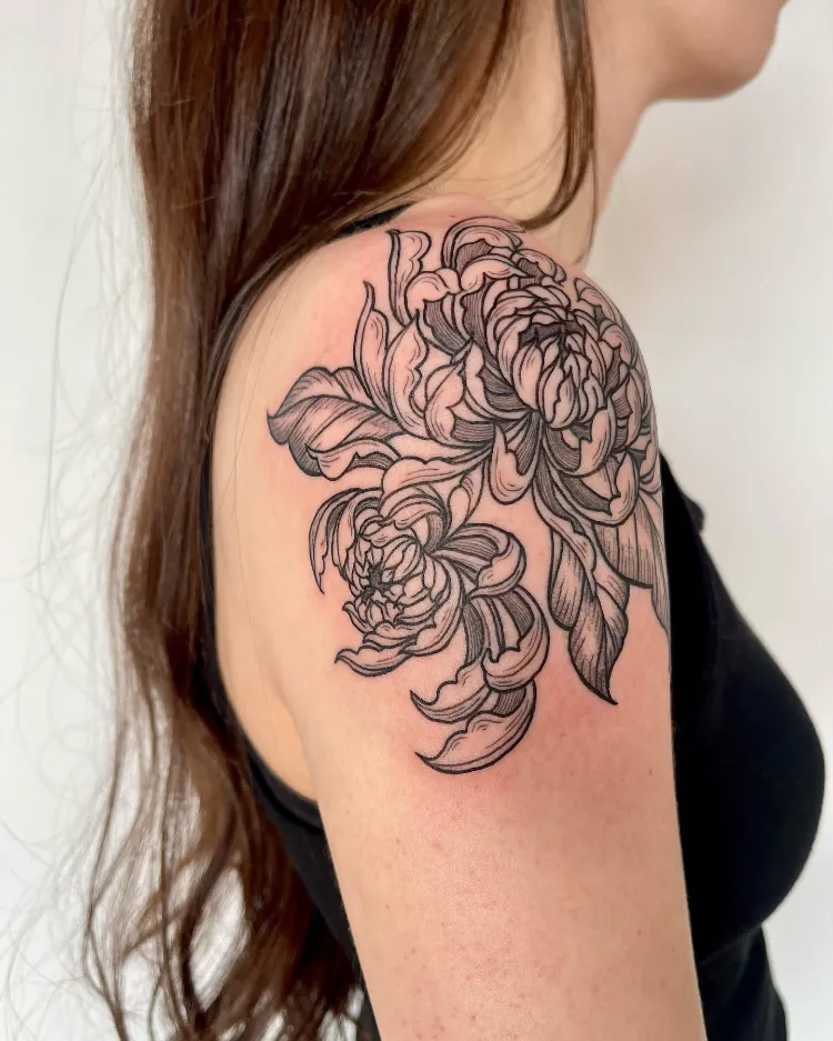 chrysanthemum tattoo black and white shoulder design for women