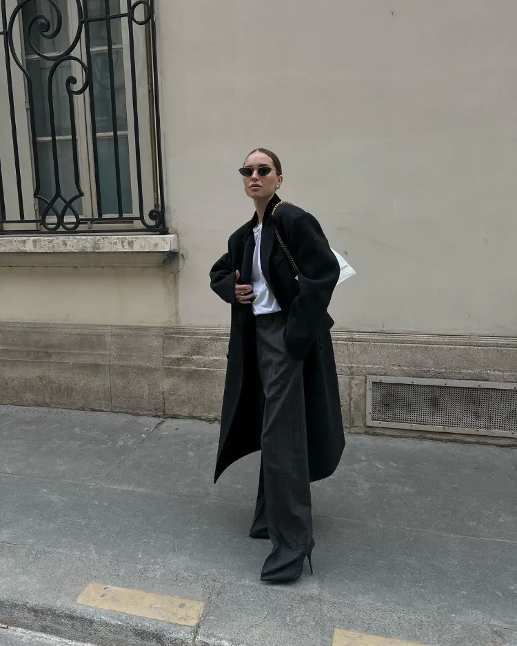 classic wide leg trousers long black coat white tee old money street style winter outfit 2023
