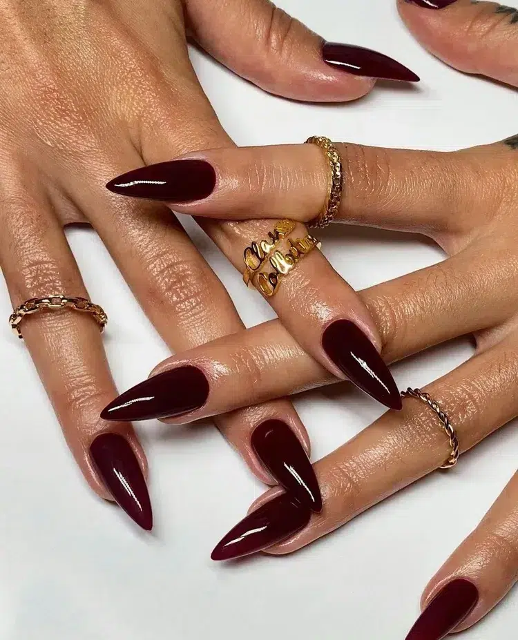 color manicure winter 2023 nail art red burgundy nails stiletto