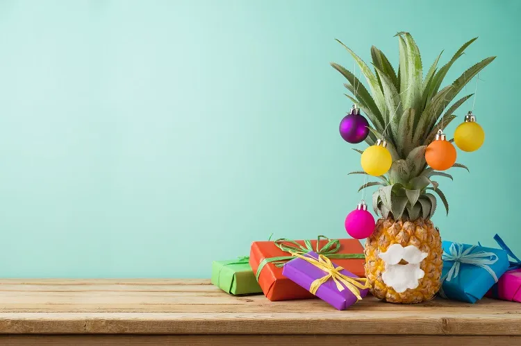 cute festive pineapple decorated as a christmas tree