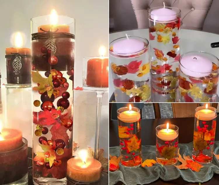 decorate candle jars with floating candles water beads and leaves for fall