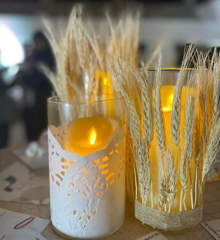 decorate candle jars with lace linen and wheat