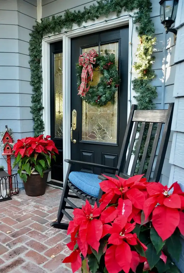 decorate the house entrance with poinsettia and garlands