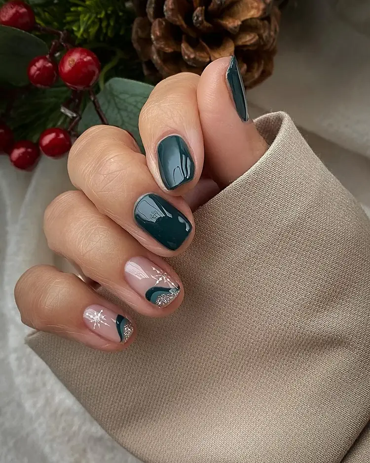 earthy dark green nail art snowflakes swirls silver glitter