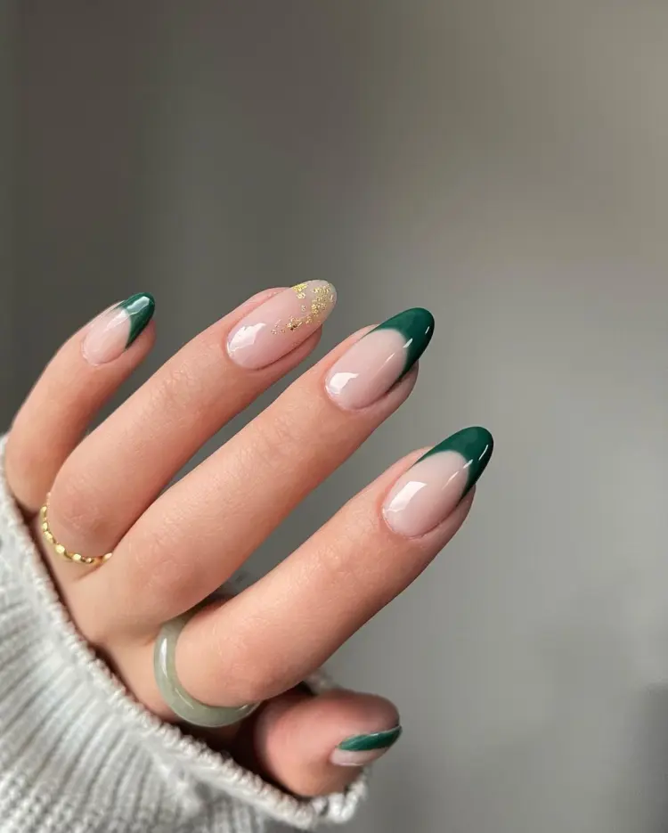 elegant green french tip nails gold foil decoration