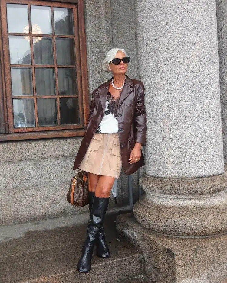 fashion trend fall 2023 chic work outfit woman aged 50 greece ghanem leather blazer jacket