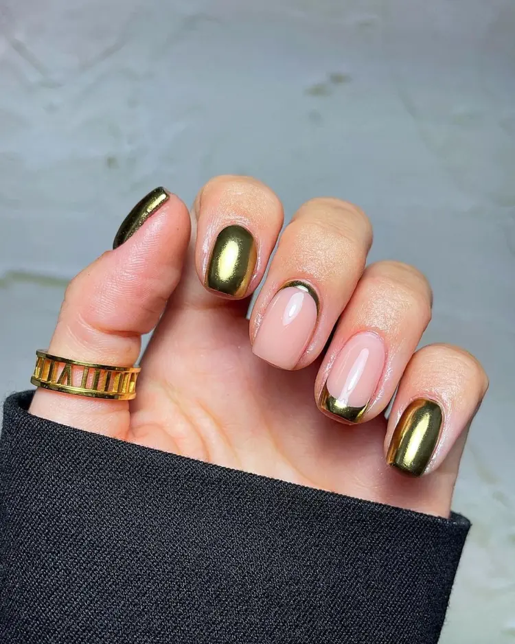 french manicure gold chrome nails for winter 2023 2024