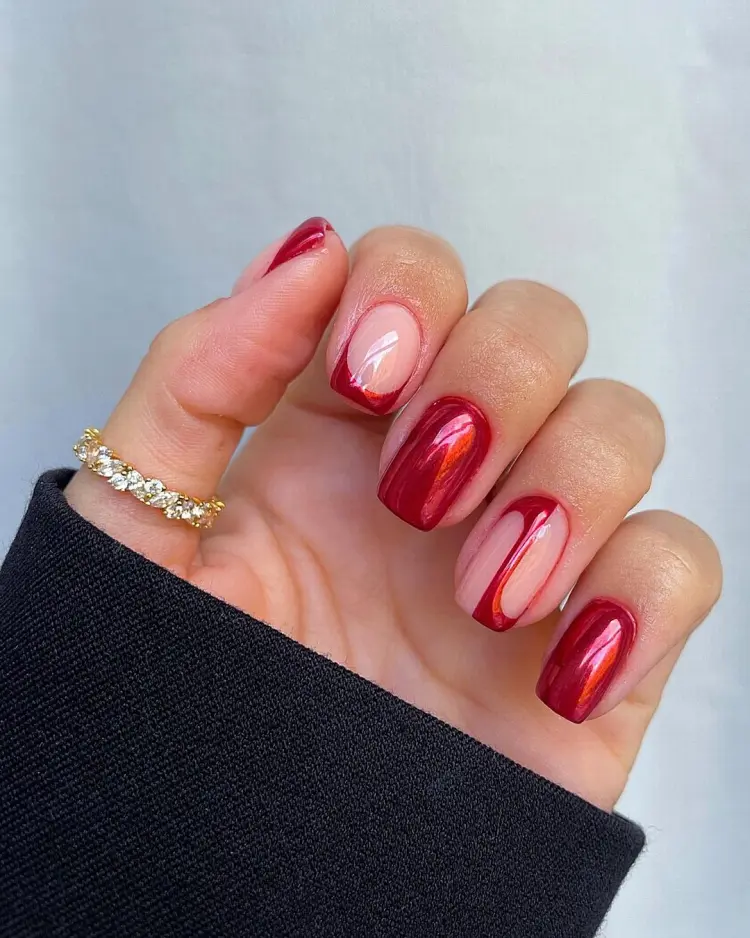 french manicure red chrome nails gel idea winter 2024