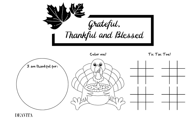 grateful thankful blessed coloring placemat tic tac toe game kids