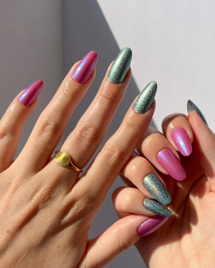 green glitter pink chrome long oval festive nails 2023