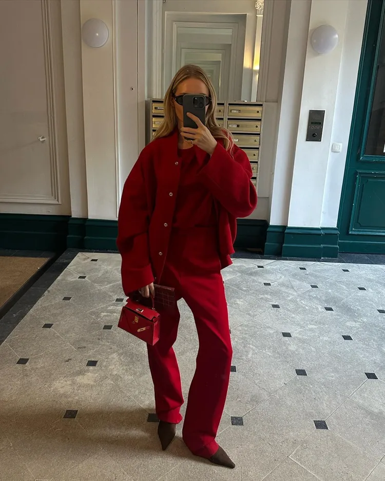 head to toe all red winter outfit idea women 2023 2024