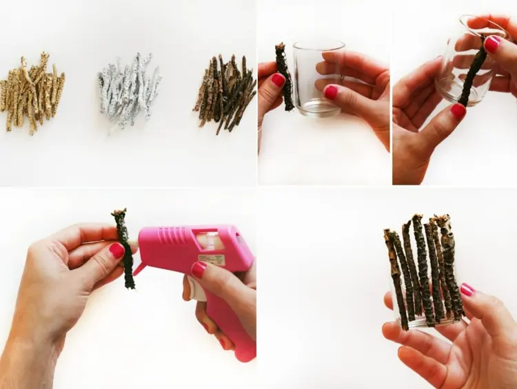 instructions for crafting with natural materials sticks glued with hot glue to the candle lantern